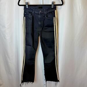 Mother Insider Crop Step Fray Jeans Womens 26 Black White Stripe Sporty Indie
